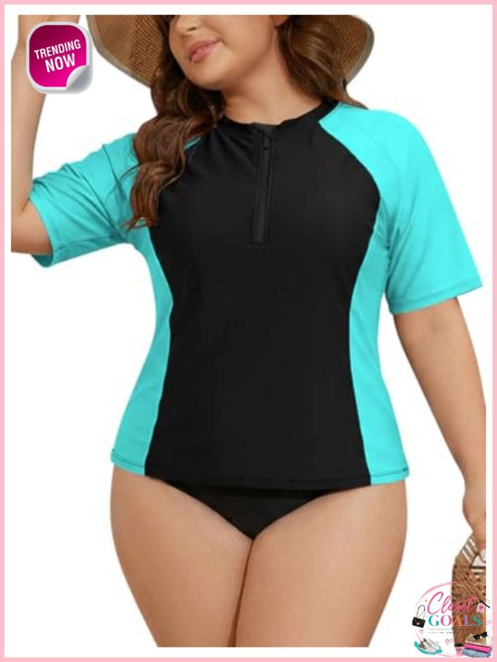 Plus Size Short Sleeve Rash Guard Quarter Zip Swim Top
